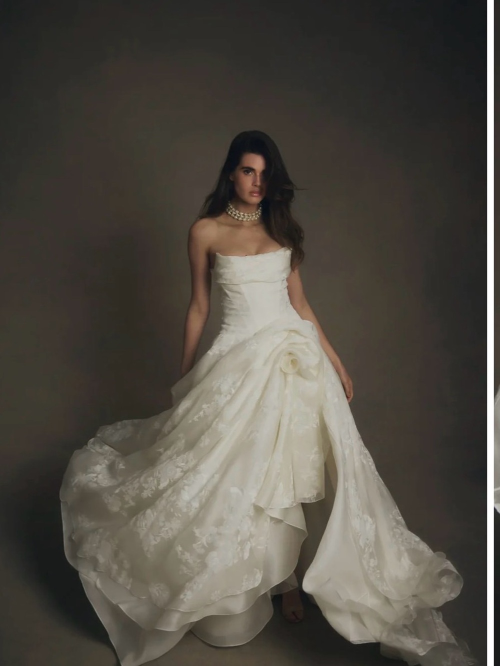 Ivory Strapless Floral Appliqué Wedding Gown with Rosette Detail